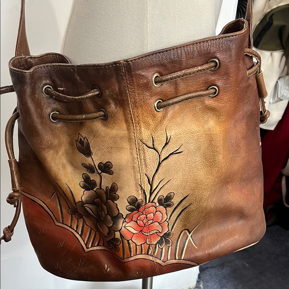 Vintage leather bag- hand painted